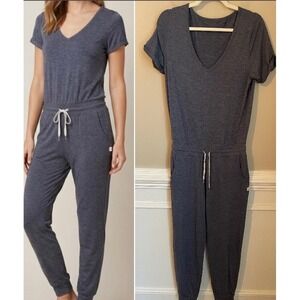 Vuori Lux All Day Jumpsuit Short Sleeve Heather Blue-Gray V-Neck Jogger Size S